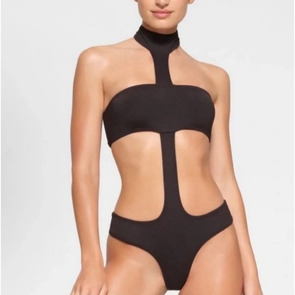 SKIMS Recycled Swim Cut Out Halter Monokini One Piece Onyx XL & 4X Black